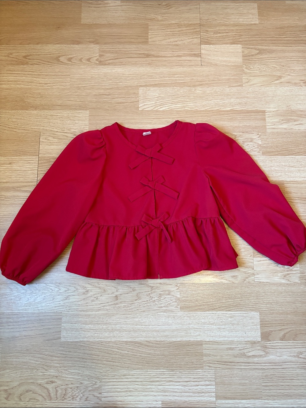 SHEIN Red Bow-Trim Peplum Blouse